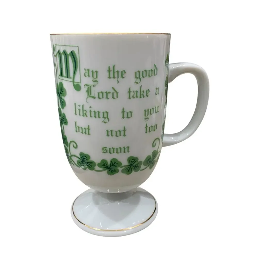 Funny 1970s Shamrock Irish Coffee Mug Lucky Clover White Porcelain Cup Gold Trim